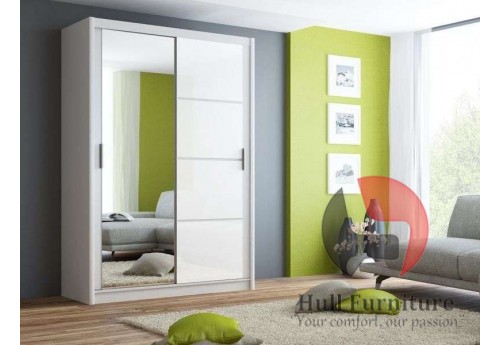 BRANDY wardrobe 150cm, white mat + white glass + large mirror