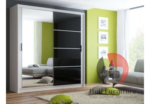 BRANDY wardrobe 200cm, white mat + black glass + large mirror