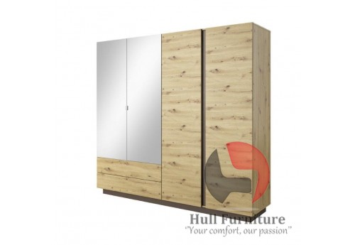 Ares - 4 Door 2 Drawer Mirrored Wardrobe, 220 cm x 202,4 cm x 54 cm, Oak + Grey