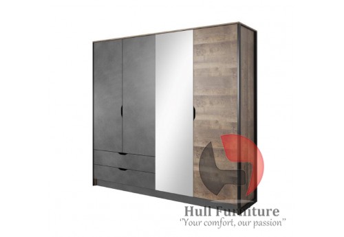 Arlo - 4 Door 2 Drawer Mirrored Wardrobe, 220 cm x 202,4 cm x 54 cm, Oak + Grey